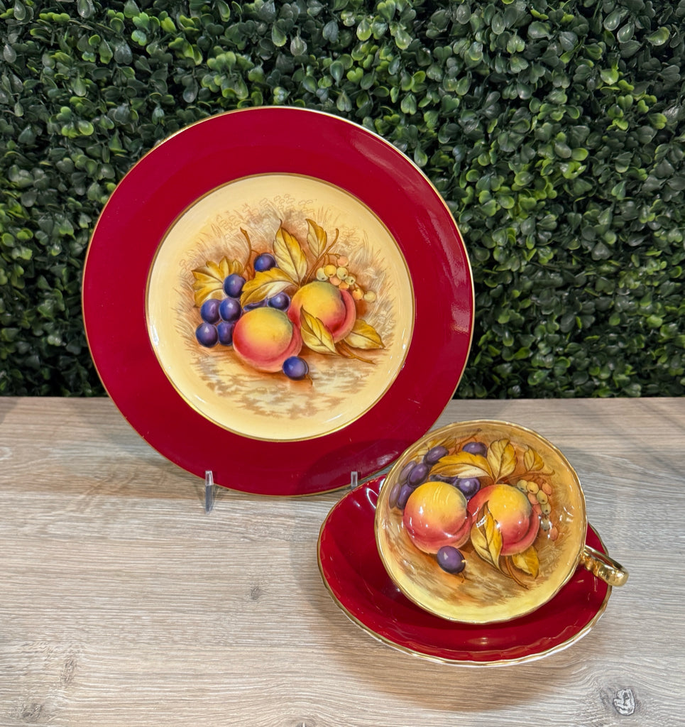 Ansley tea cup/saucer/dessert plate, crimson/gold, 8"W x 8"D x 3"H