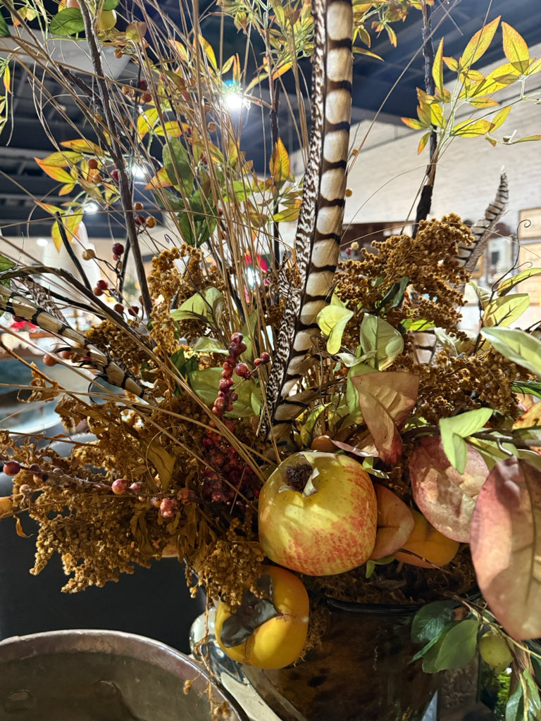 Fall floral, feathers/persimmons, 42"H x 30"W