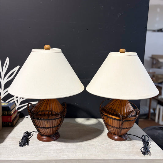PAIR of VTG Bamboo Table Lamps 17" Dia x 22" H