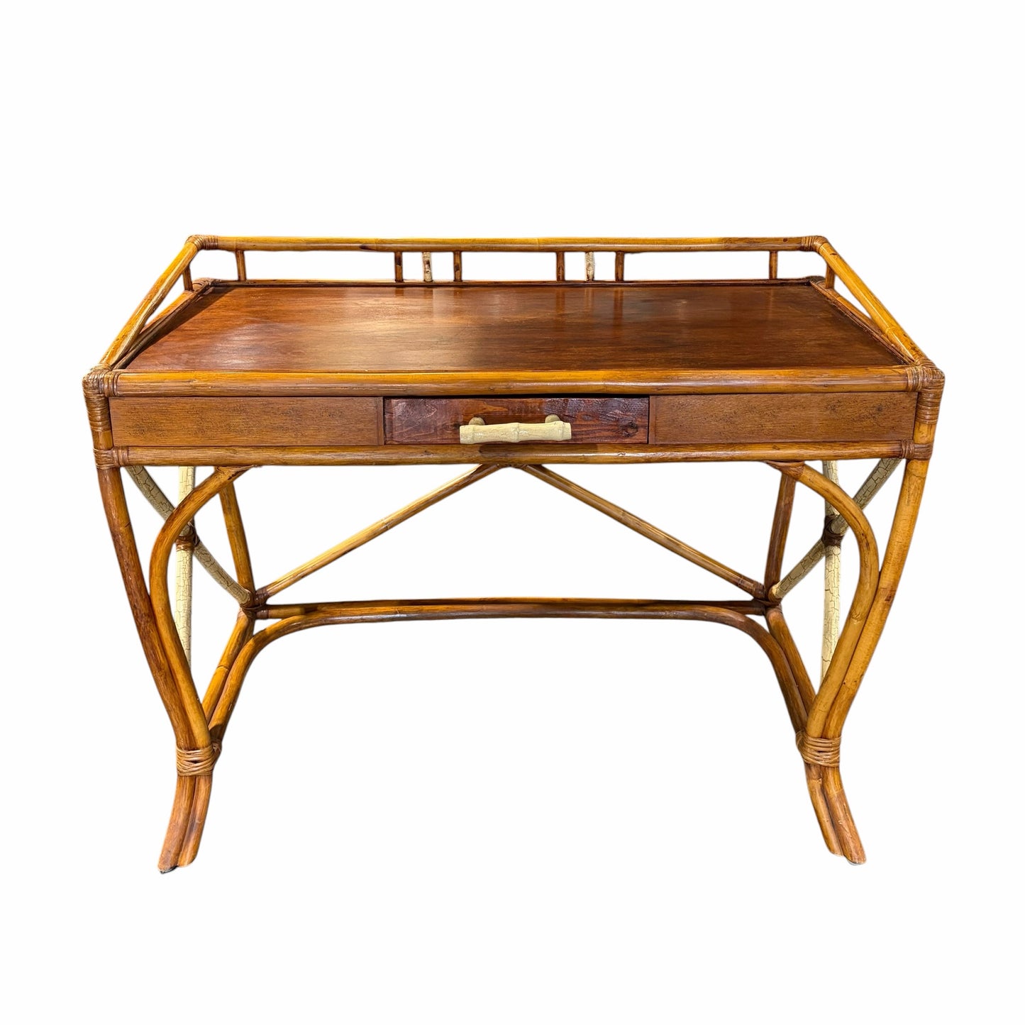 VTG Rattan & Wood Desk, 43"W x 22.25"D x 32.5"H