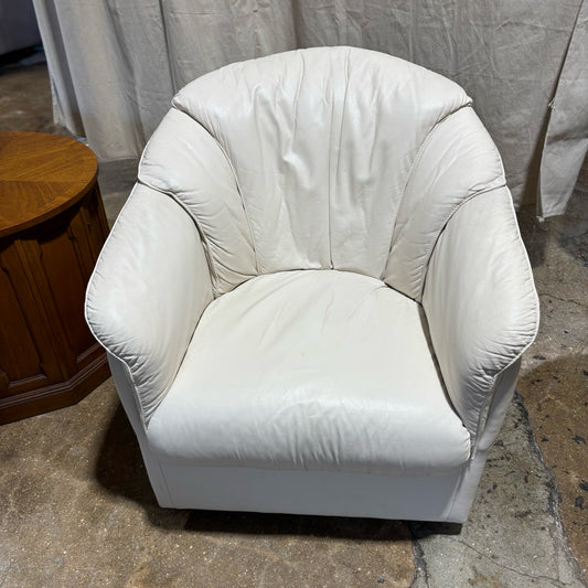 White Leather Swivel Chair, 33"H x 27"W x 30"D