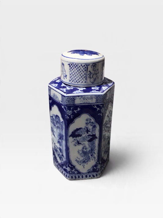 VTG Chinese Porcelain Hexagonal Tea Jar 4.25" Diam x 8.5"H