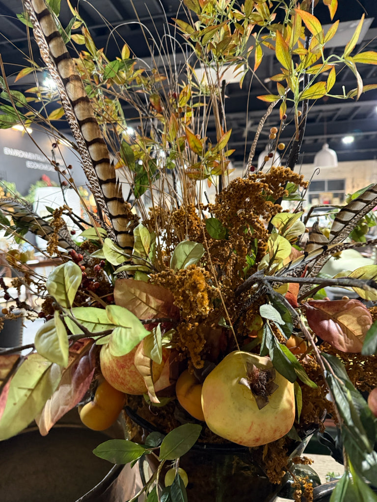 Fall floral, feathers/persimmons, 42"H x 30"W