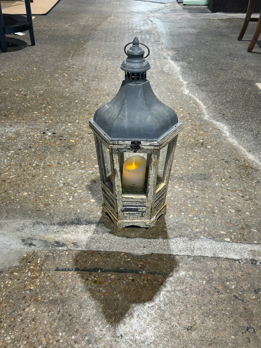 Coastal Farmhouse patio lantern w/ remote control candle, 11"W x 11"D x 23"