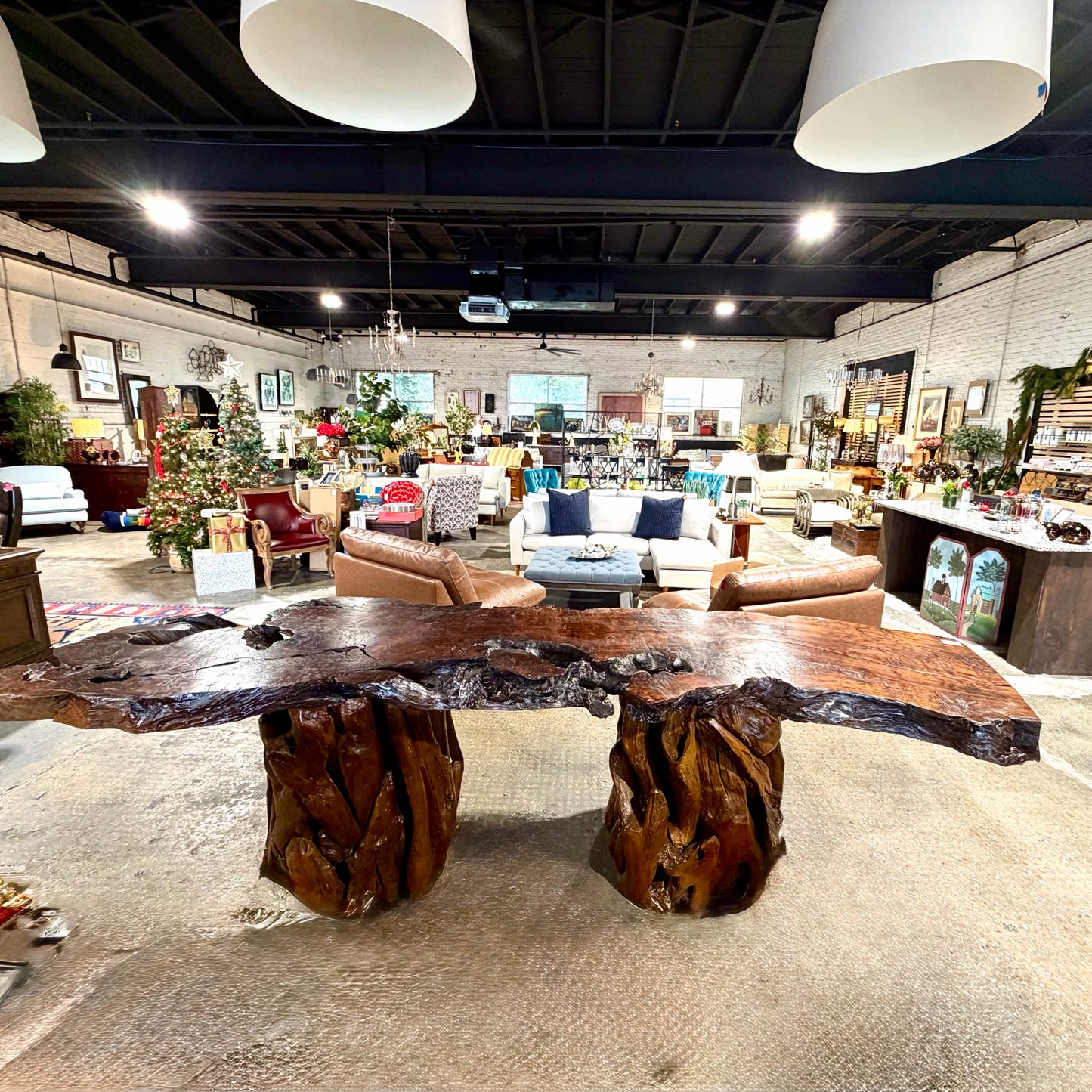 Reclaimed Calif Redwood slab on 2 redwood pedestals, 120"L x 38"W x 33"H