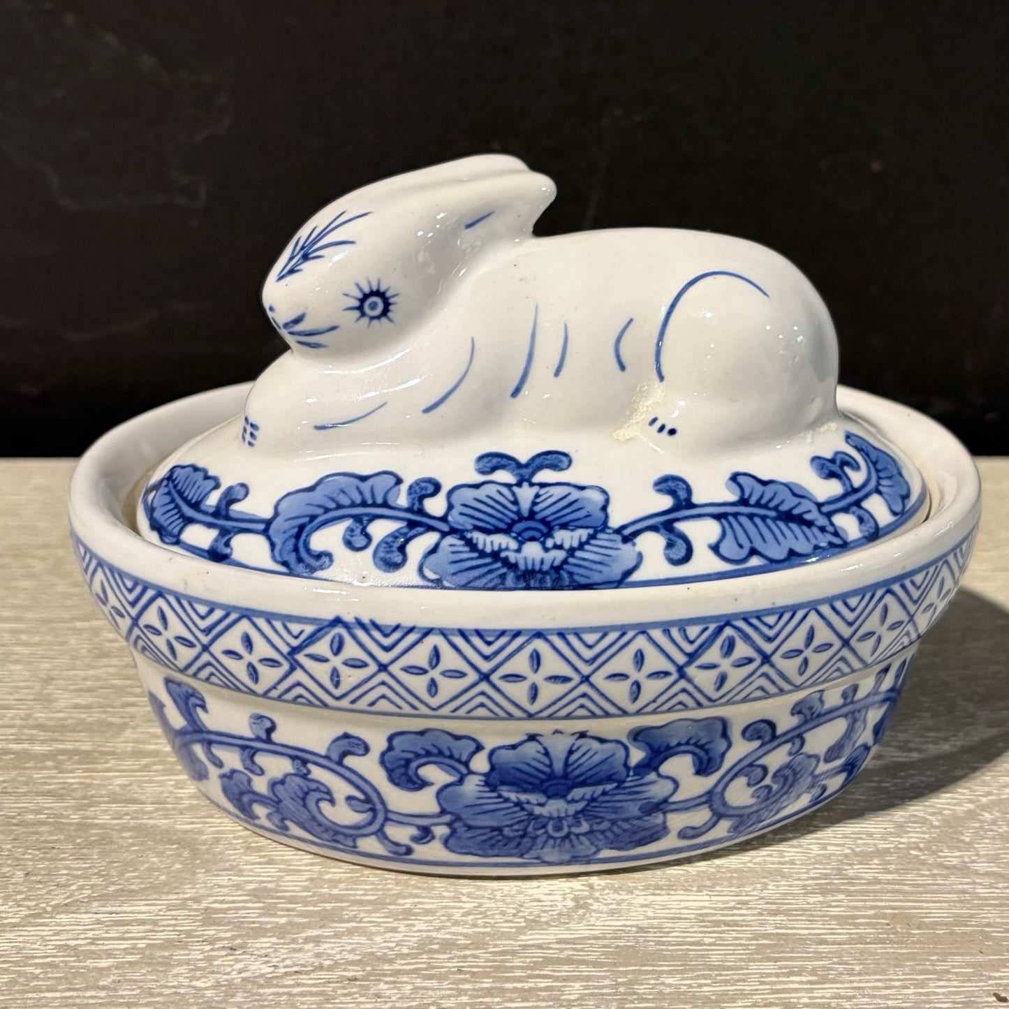VTG Blue & White Bombay Co. Rabbit Trinket Box, 6"W x 4.25"D x 4.25"H