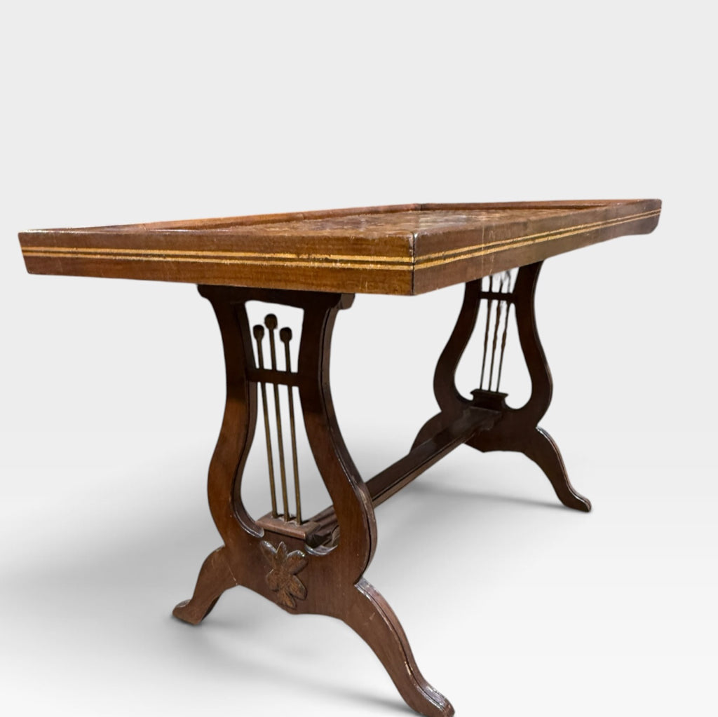 VTG Folk Art Parquetry Coffee Table w/Lyre Base