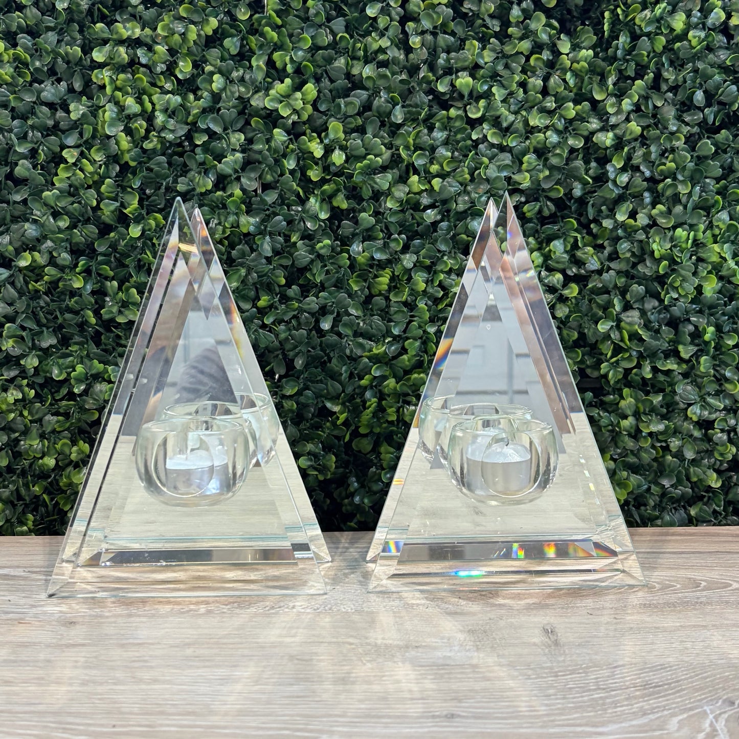 Pair of Triangle Glass Votive Candle Holders, each 5.5"W x 8"H