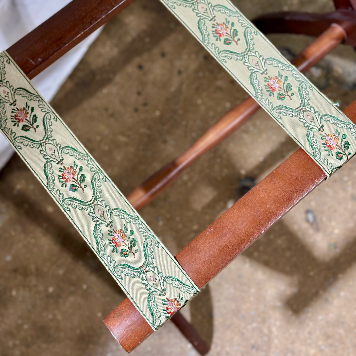Vintage Folding Wood Luggage Rack, Green & Pink Floral, 22.5"L x 13.25"W x 20"H