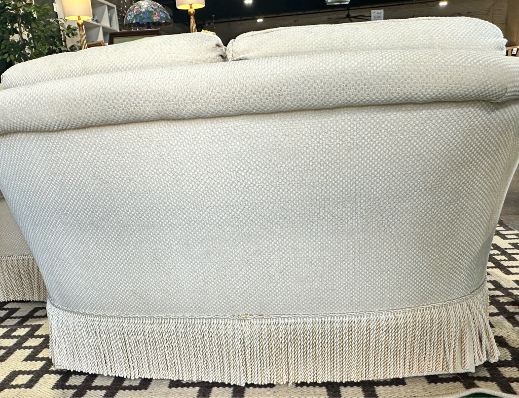 Sherrill loveseat, rolled back/arms, 8" fringe, 65"L x 38"D x 32"H
