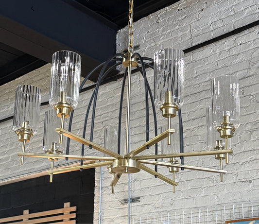 Black/brass chandelier, 8 lights, glass shades, 32"W x 32"D x 18"H
