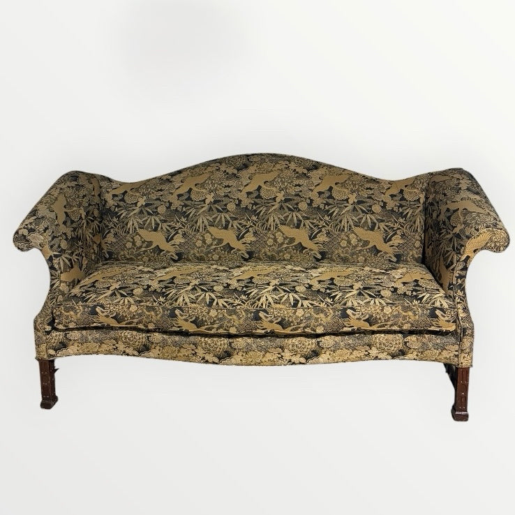 VTG Chippendale Style Sofa, Chinoiserie-Pattern, Black & Gold, 84"W x 34"D x 37"