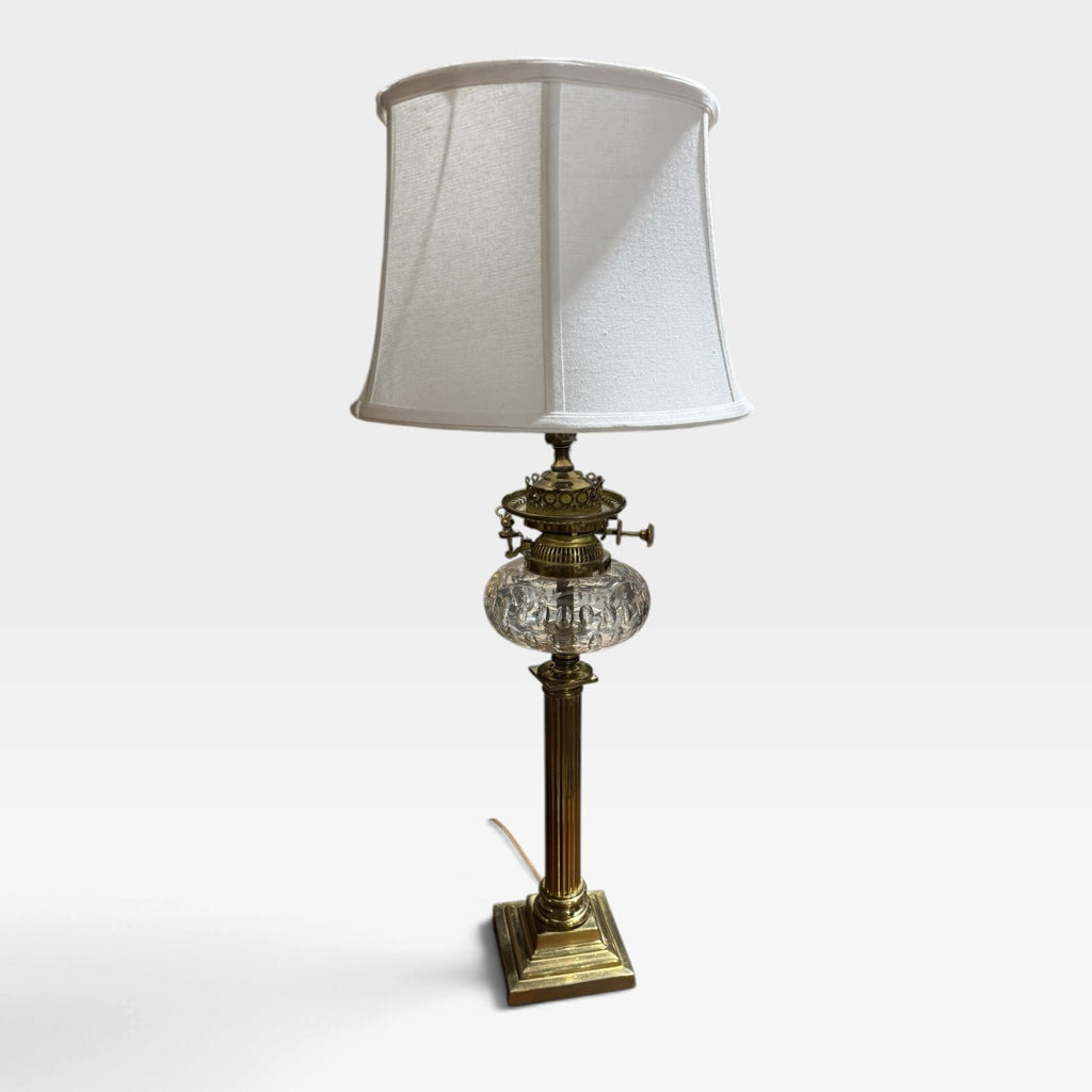 Victorian cut glass/brass table lamp, 32"H