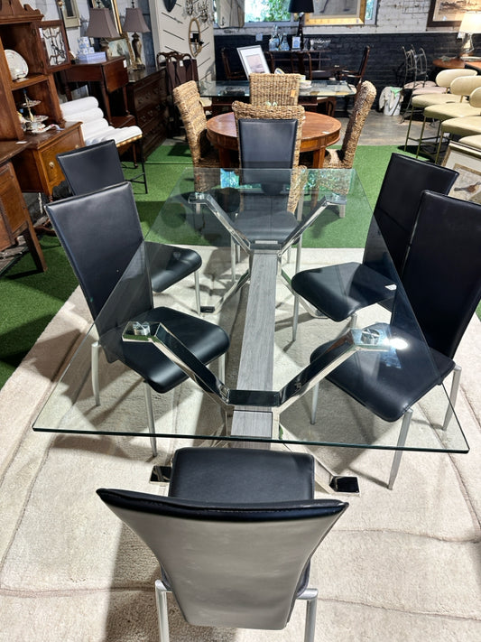 Modern glass/chrome trestle dining table, 79"L x 39"W x 29.5" H