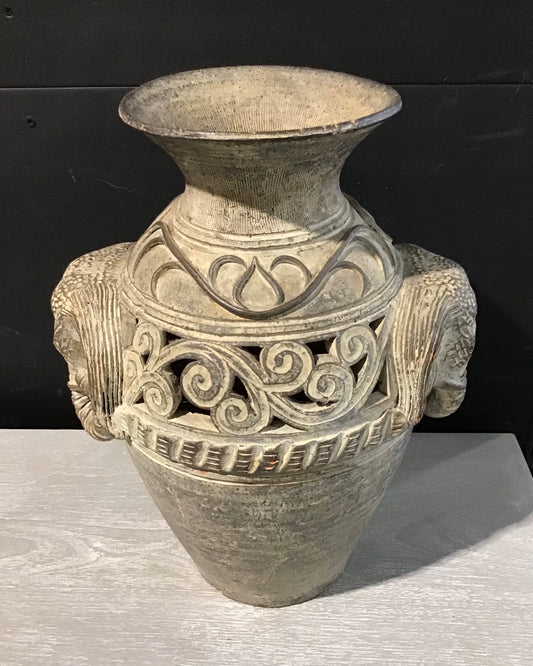 VTG Thai-Style Pottery Vase w/Elephant Motif, 14.5" H x 9" D x 12" W