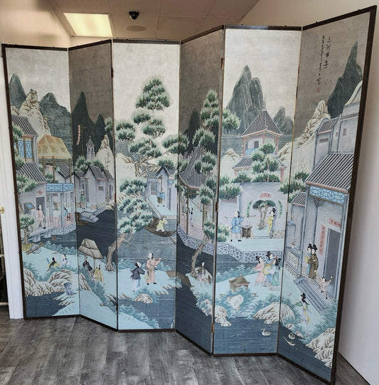 Asian Painted Screen 6-Panel Room Divider, 106.5" W x 84" H