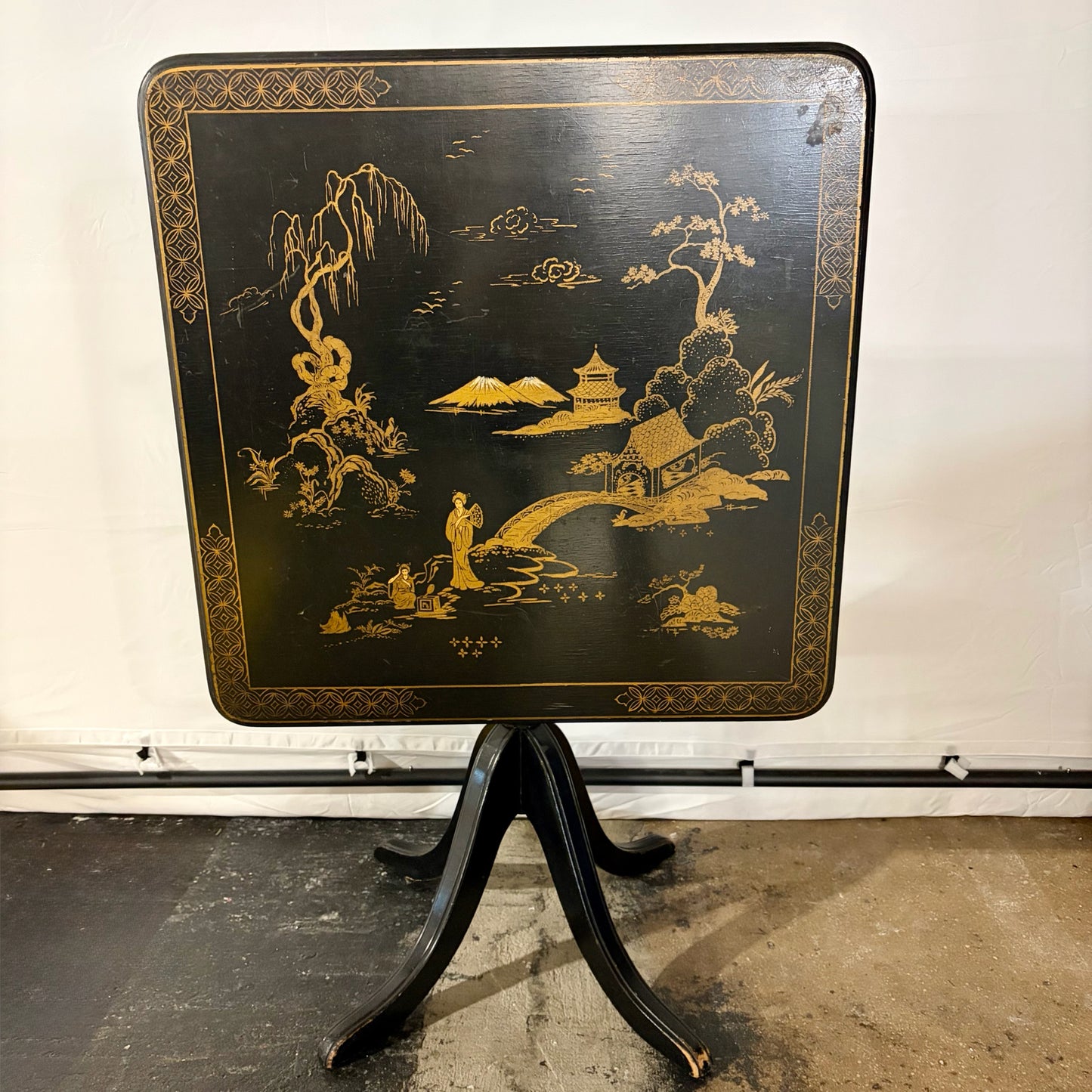 Vintage Hand Painted Chinoiserie Tilt-Top Table, 27"W x 27"D x 26.5"H
