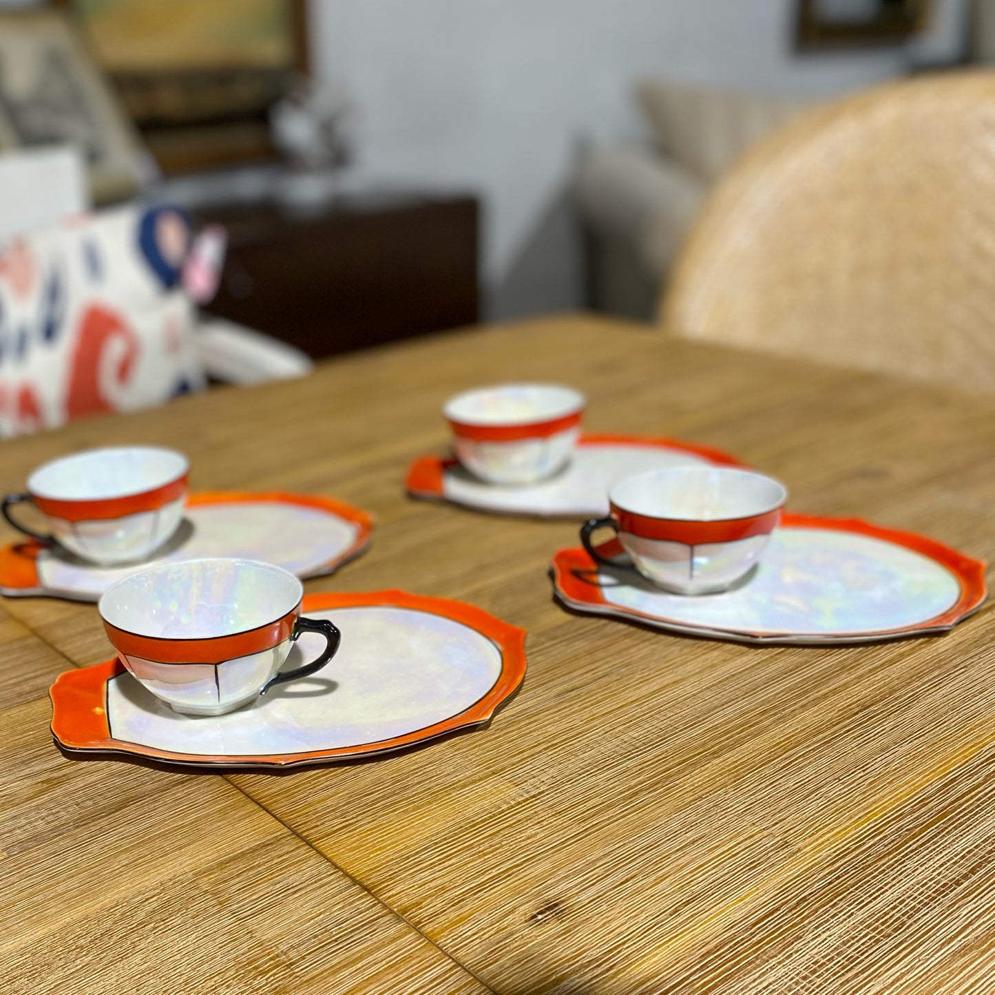 SET of four Czechoslovakia Orange Luster Snack Plates 6"x9" & Teacups 2"H