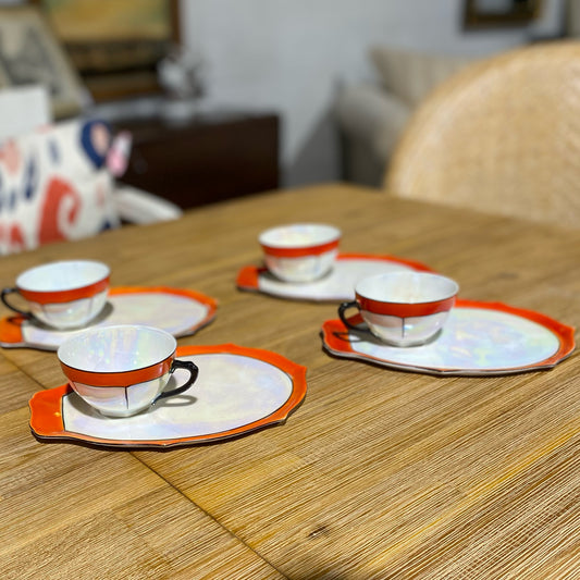 SET of four Czechoslovakia Orange Luster Snack Plates 6"x9" & Teacups 2"H