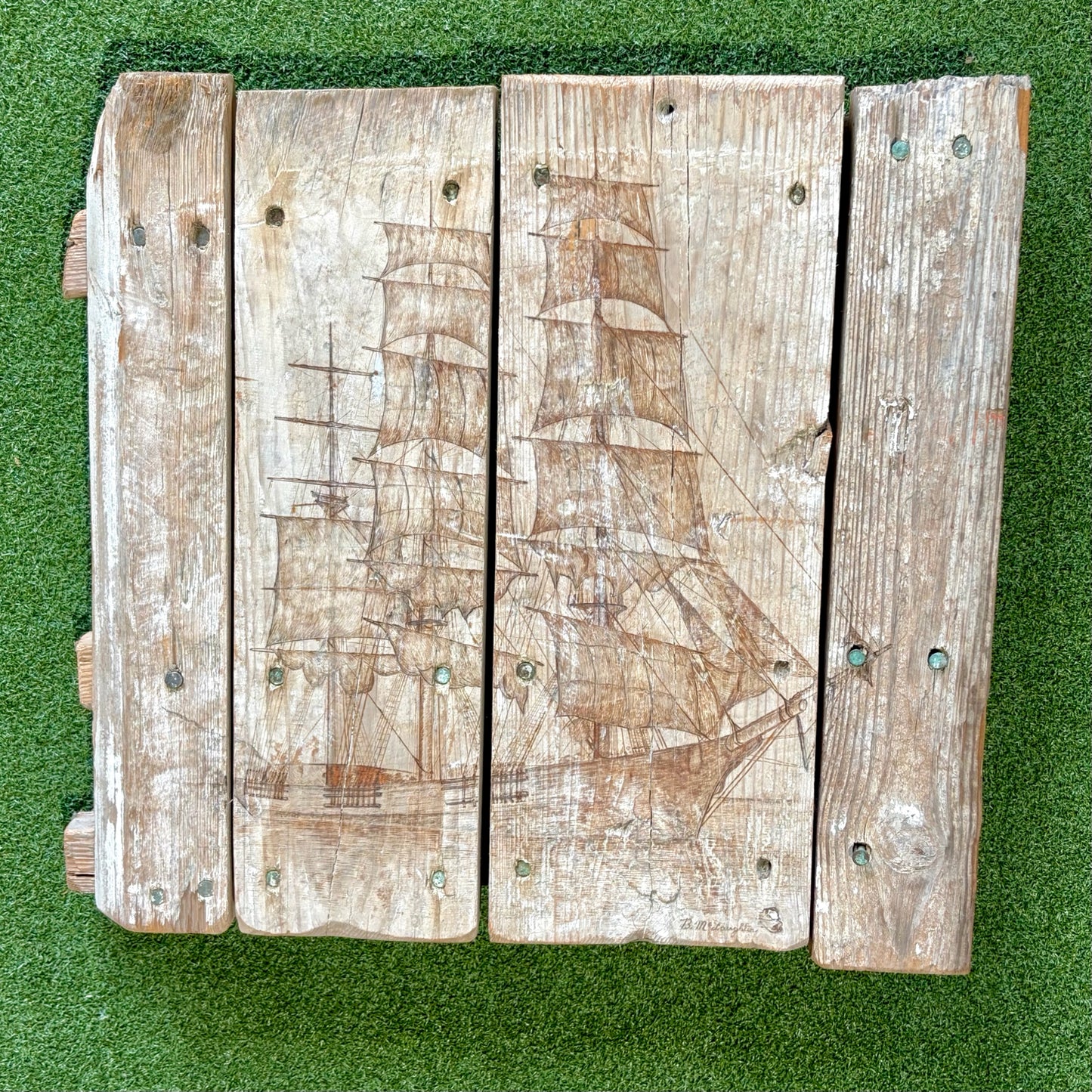 Rustic Woodburning of Clipper EB Sutton, 21W x20H x4D