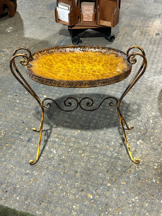 Oval metal table, Greek key motif, 24"L x 12"W x 24"H