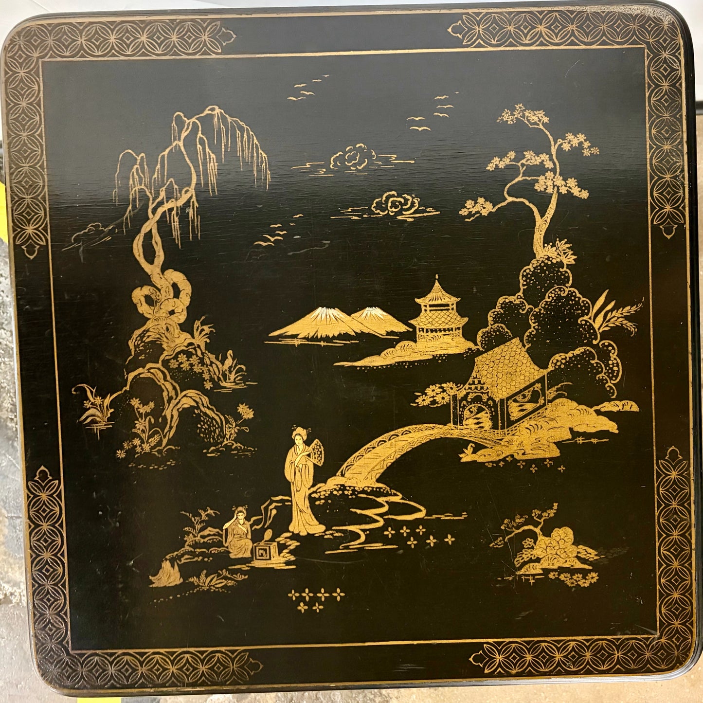 Vintage Hand Painted Chinoiserie Tilt-Top Table, 27"W x 27"D x 26.5"H