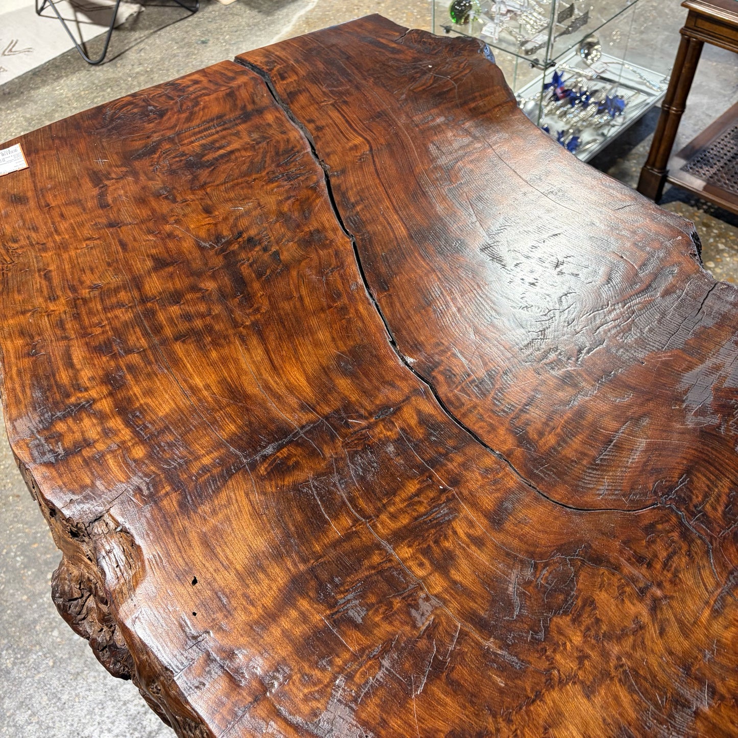 Reclaimed Calif Redwood slab on 2 redwood pedestals, 120"L x 38"W x 33"H