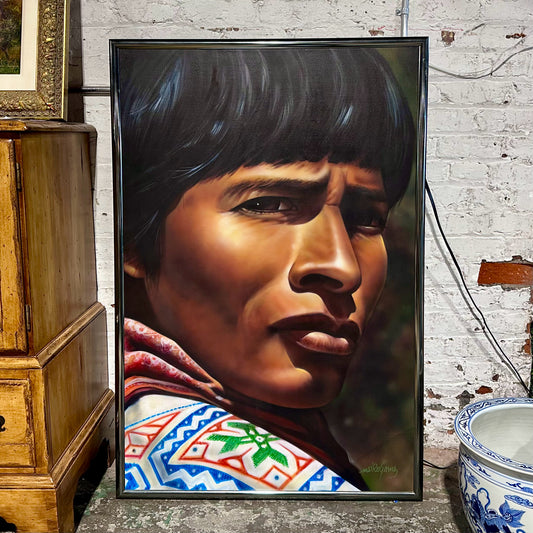 Large Chrome Framed Signed Portrait, Young Man in Tribal Wear, 33" W x 48.75" H