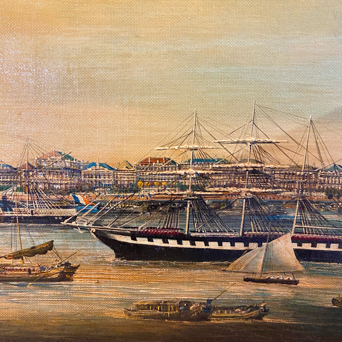 Vintage Harbor Oil Painting, Signed, 25"W x 21"H x 1.5"D (AS IS)