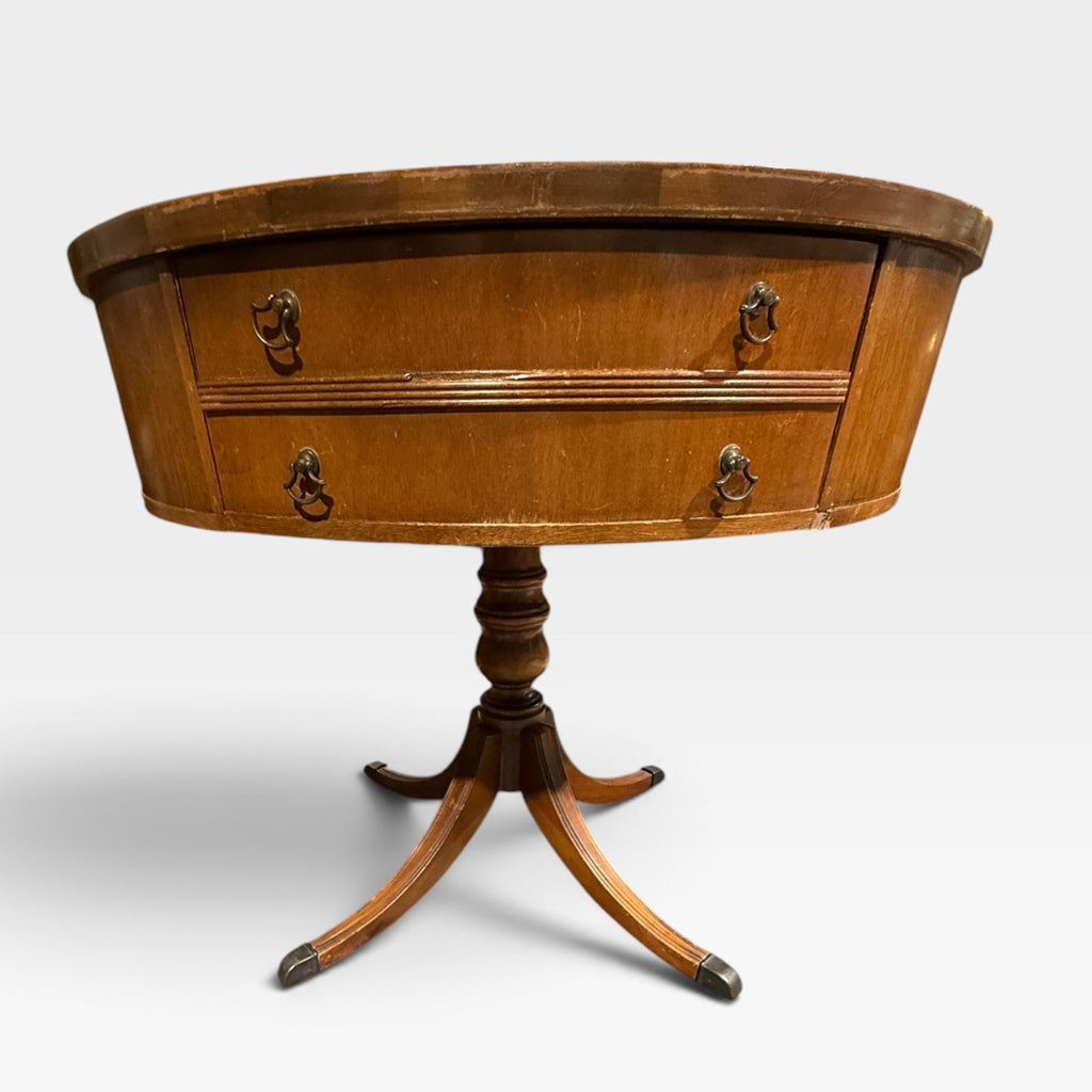 ATQ Duncan Phyfe-style mahogany leather-top drum table, 30"W x 30"D x 28"H