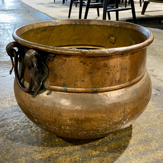 Antique Hammered Copper Cauldron W/ Handles, 11.5"H x 17"W x 15.5"D