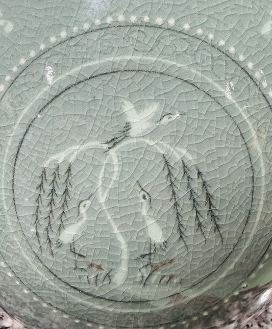 Korean celadon vase, cranes, 13.5"H x 6"W x 6"W