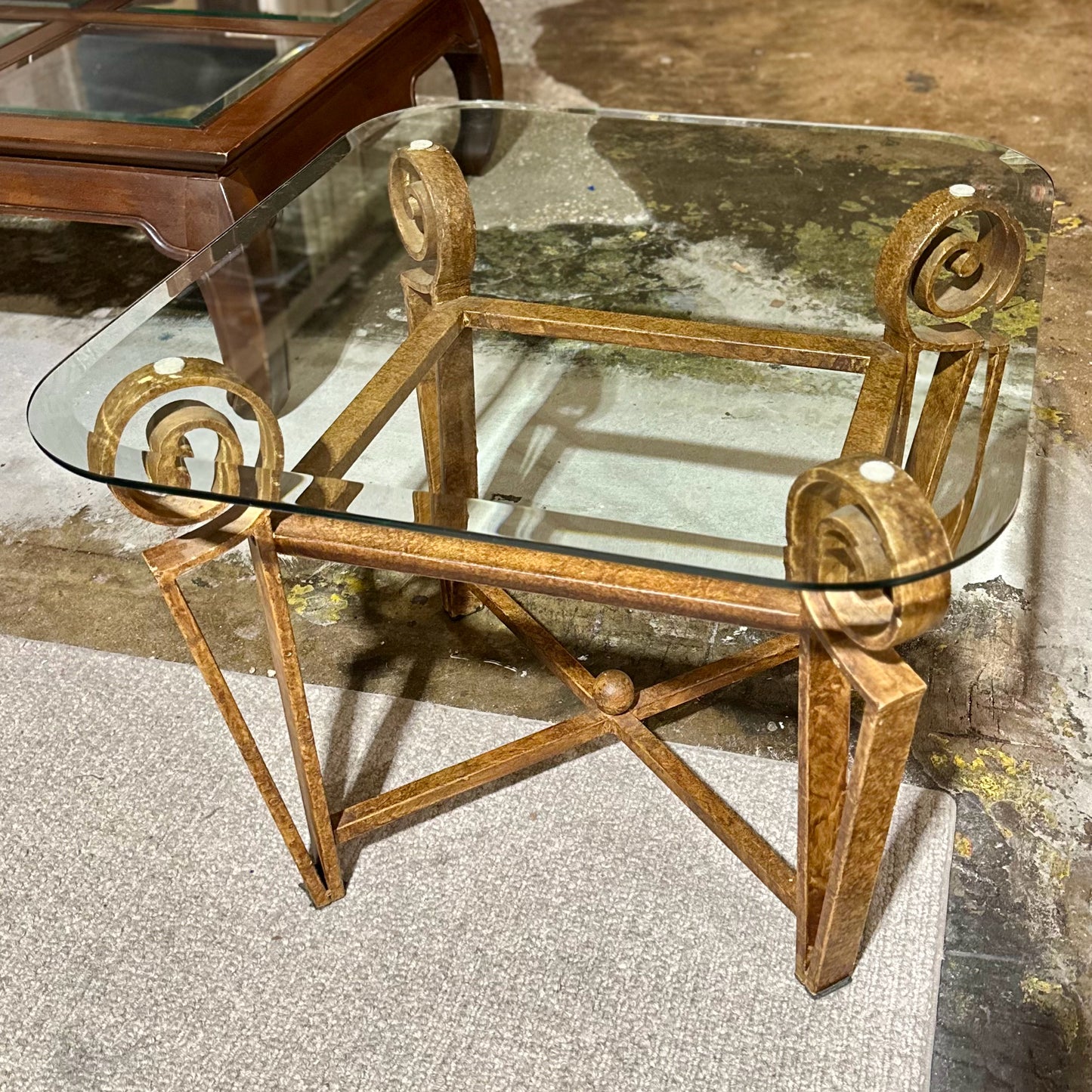 Rounded Edge Glass Top SideTable, Rustic Metal Scroll Base, 28"L x 26"W x 21"H
