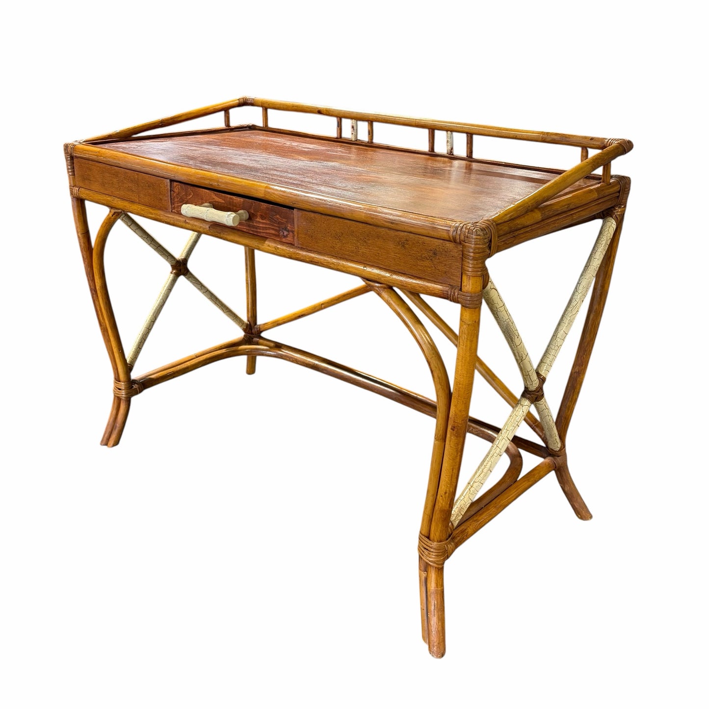 VTG Rattan & Wood Desk, 43"W x 22.25"D x 32.5"H