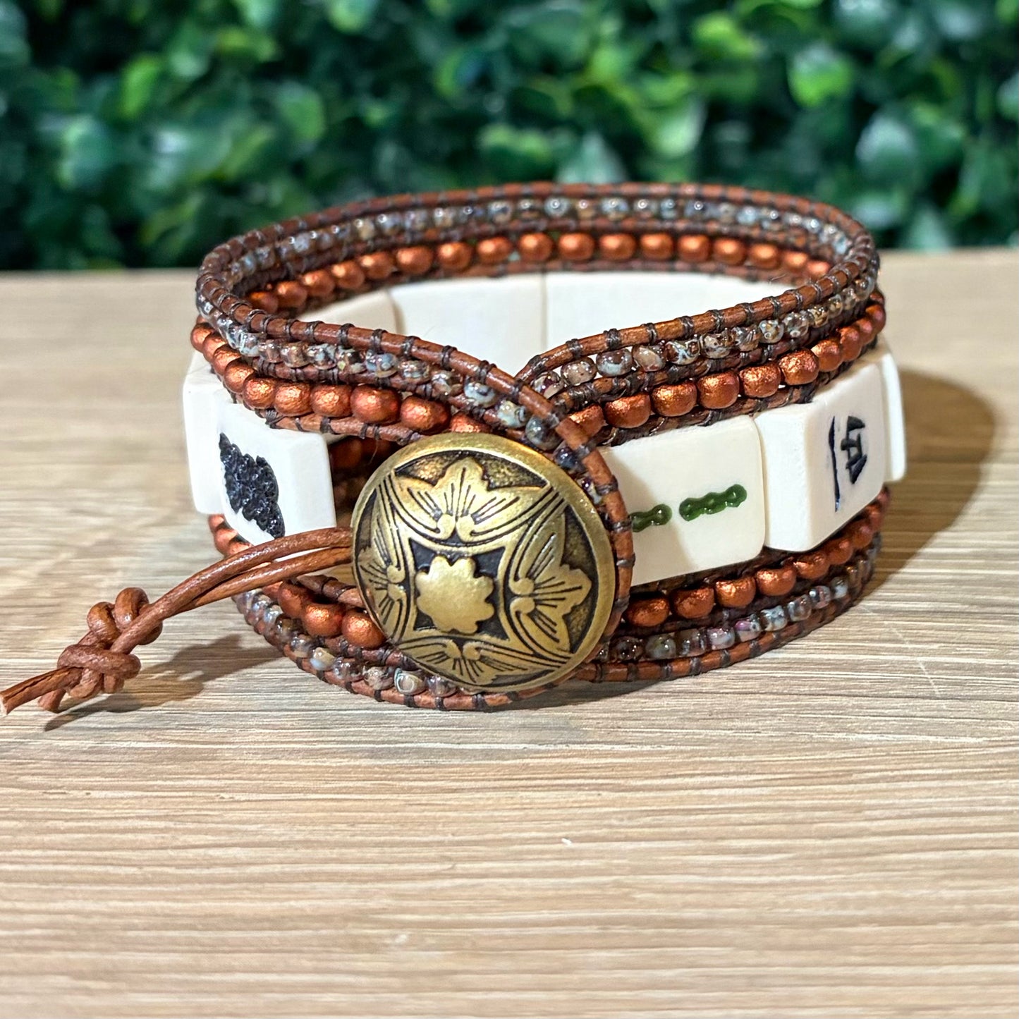 Vintage Mahjong Tile Cuff Beaded Bracelet, 1.15"W x 7.2"L, Carrie Prince