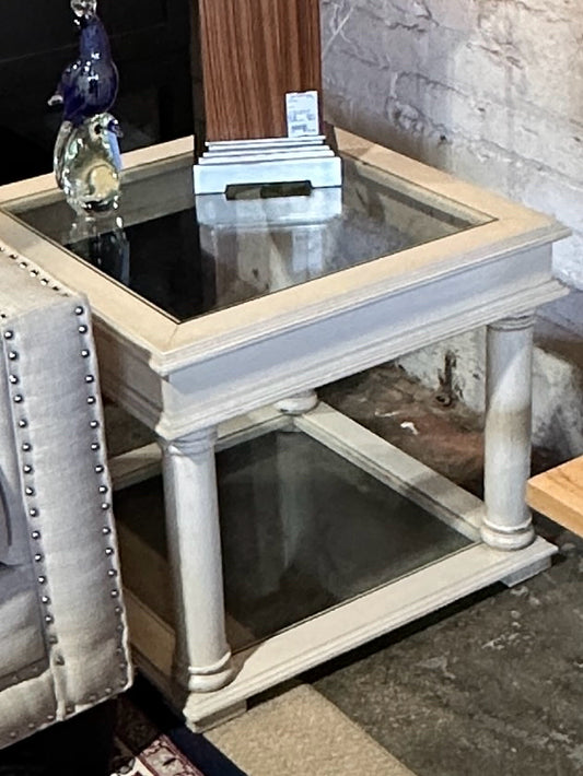 Coastal end table, glass top, 23.5"W x 23.6"D x 21"H