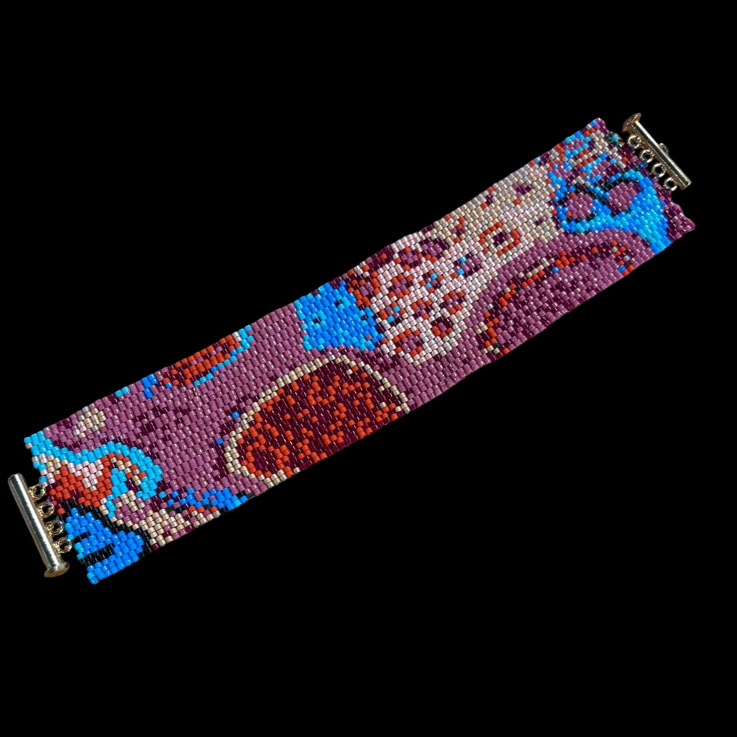 "Klimt" Peyote stitch bracelet by Carrie Prince, Plum/Gold/Blue, 1.5"W x 7"L