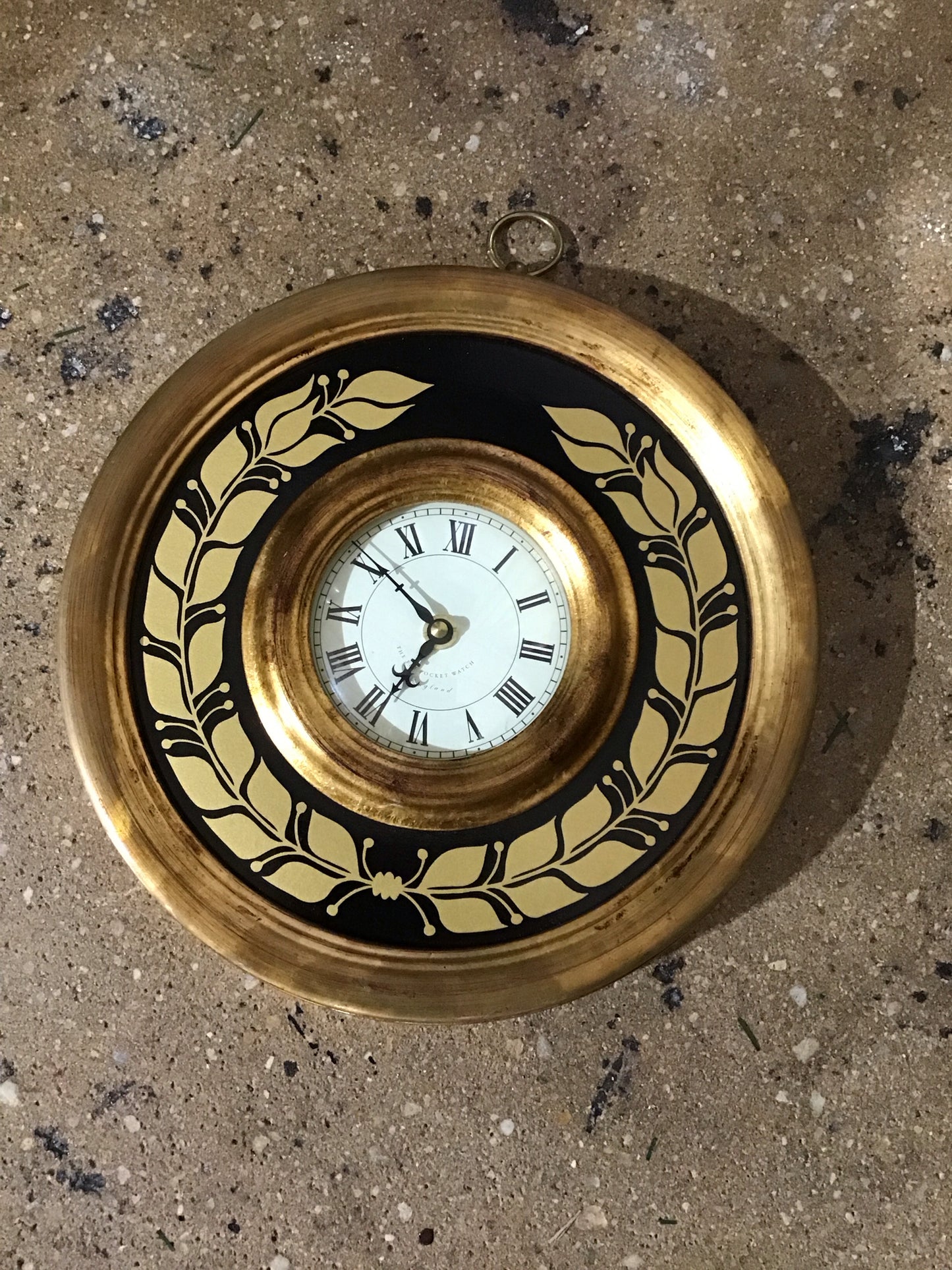Faux French Charles X Tole Clock- Black/ Gold 10.5 dia.