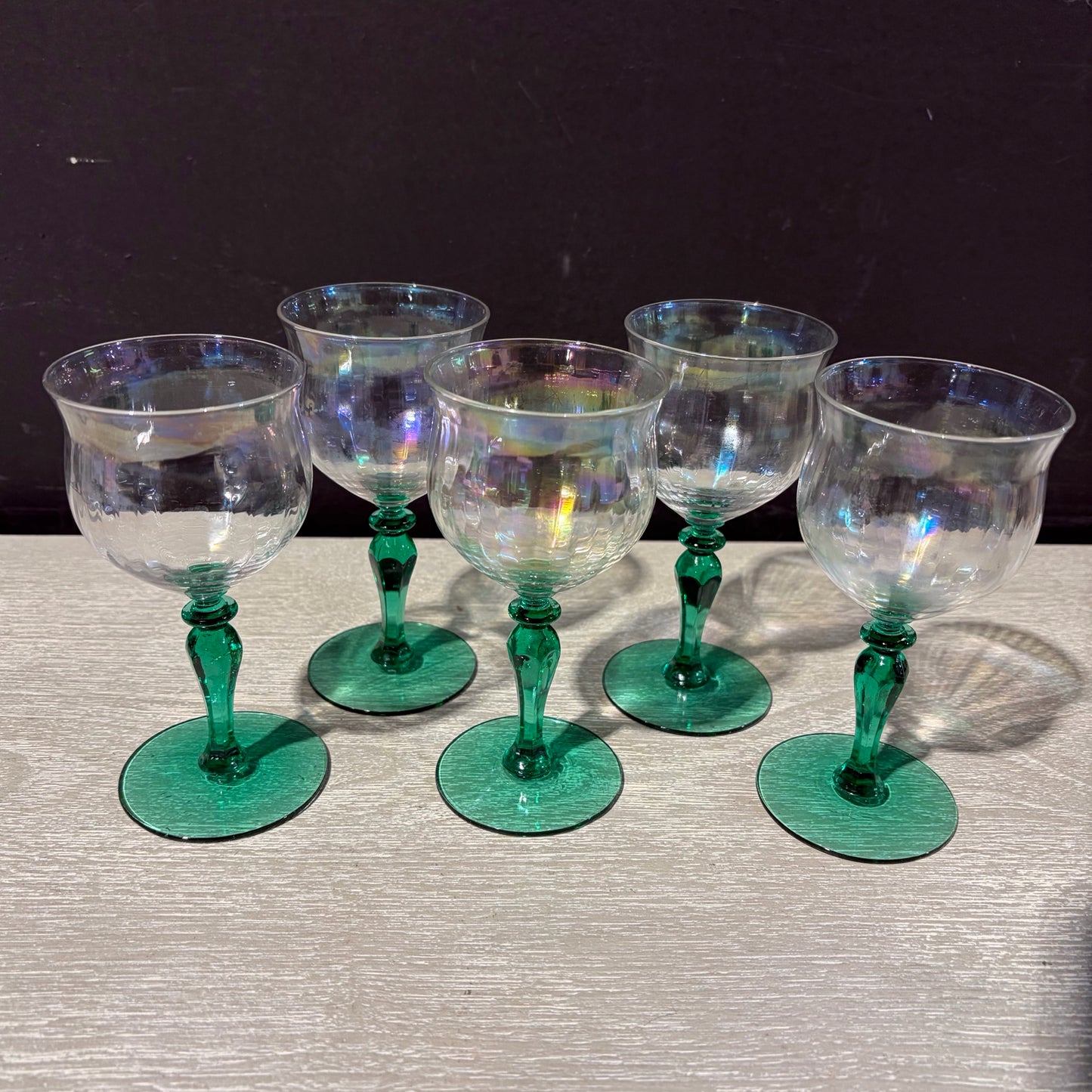 5 VTG Iridescent w/ Green Stemmed  Cordials, 5.5"H x 2.5"Dia