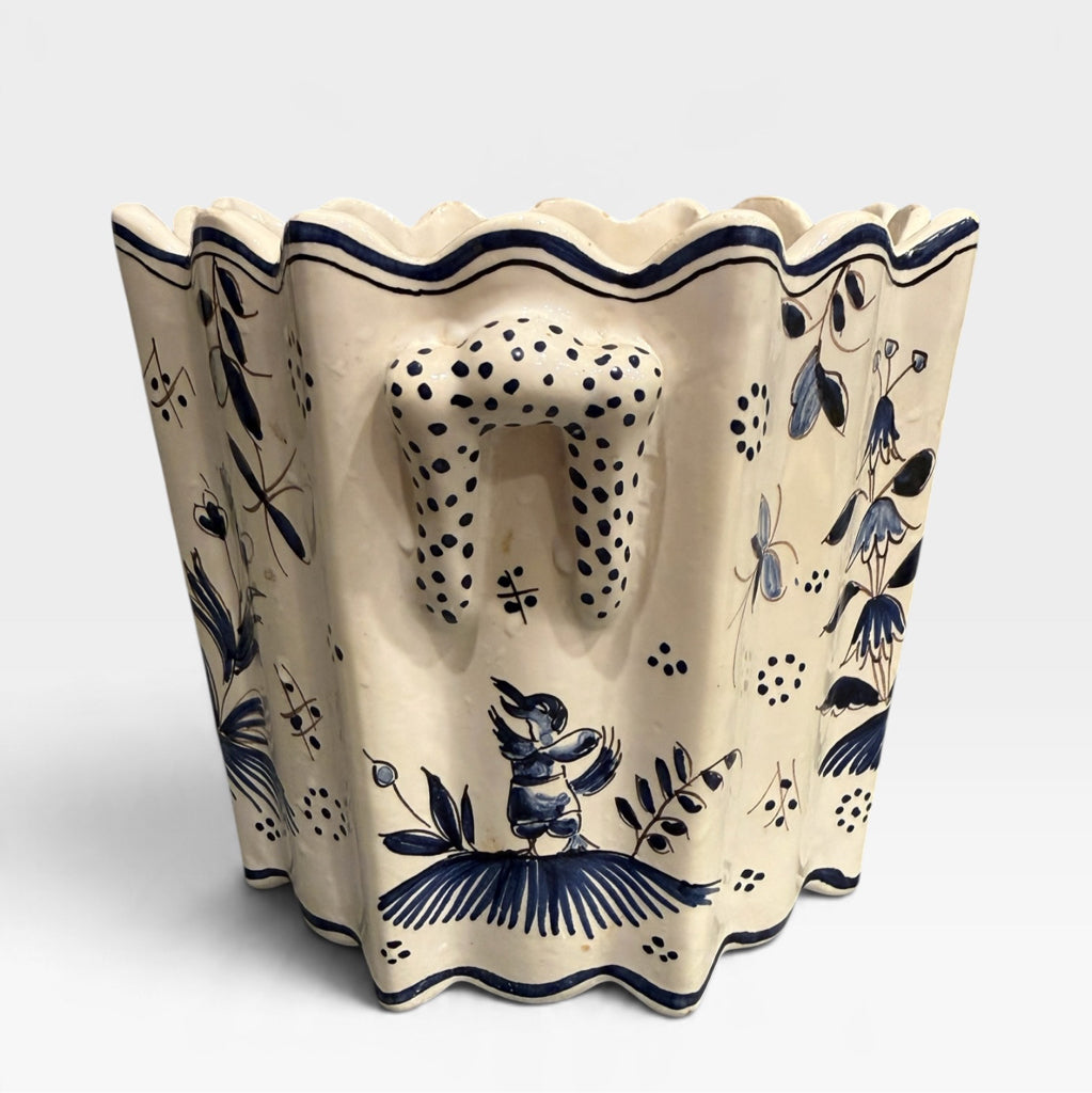 French handpainted cachepot, blue/white, 6"Dia x 5"H