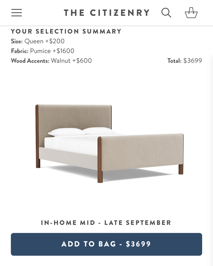 Laurel queen bed, upholstered headboard/wood accent, 68.5" W x 90.25" D x 48" H