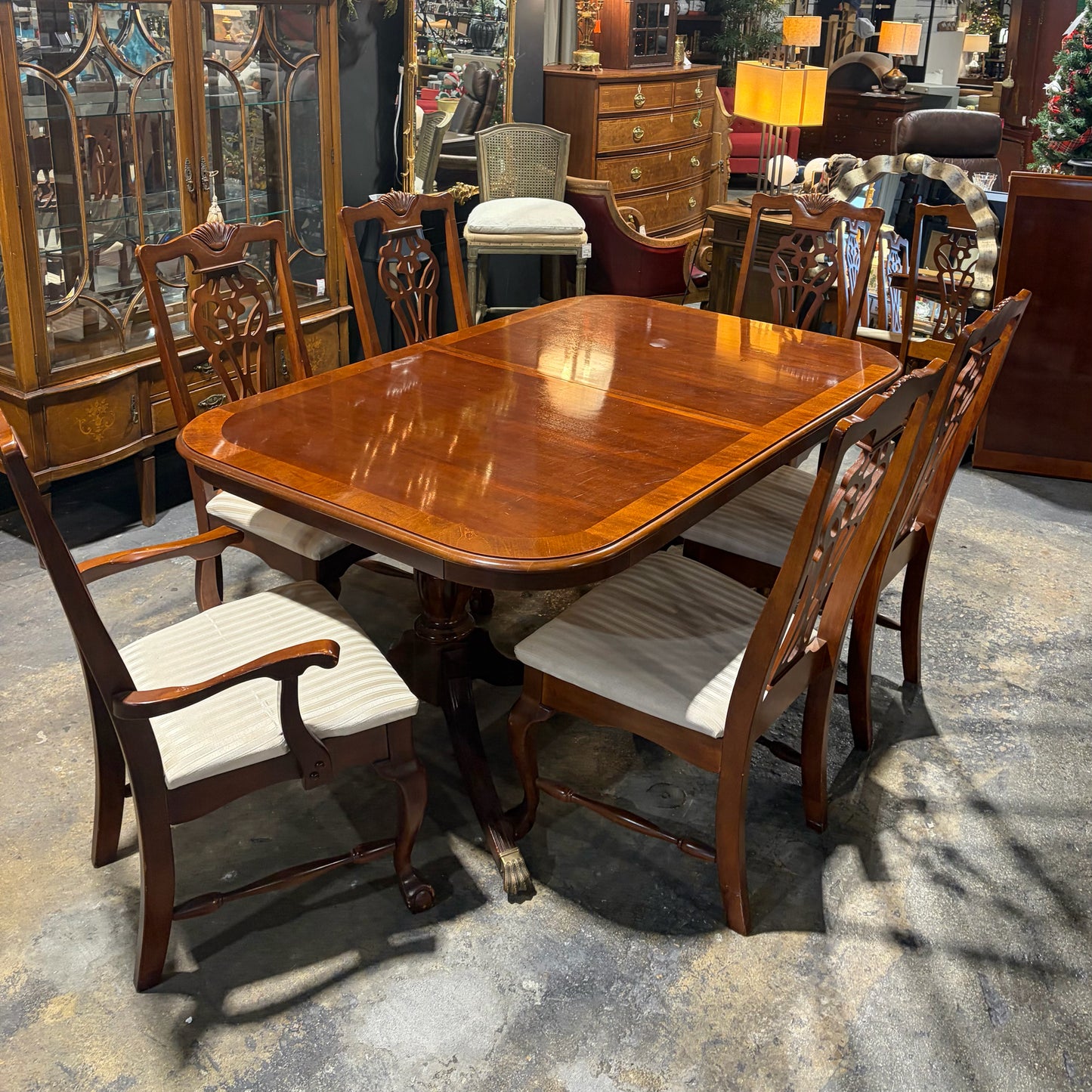 Ethan Allen Double Pedestal Table W/6 Chairs, 86"L x 44"D c 30"H