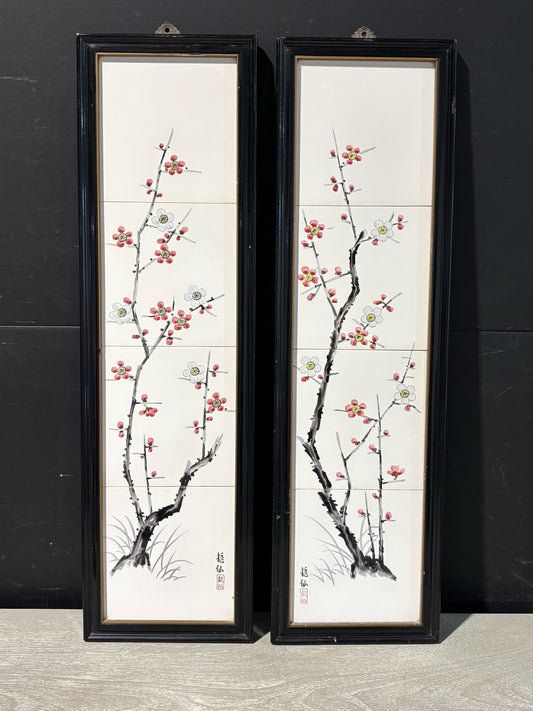 PAIR Japanese Hand-painted Floral Tiles 7.25" W x 1" D x 25.5" H