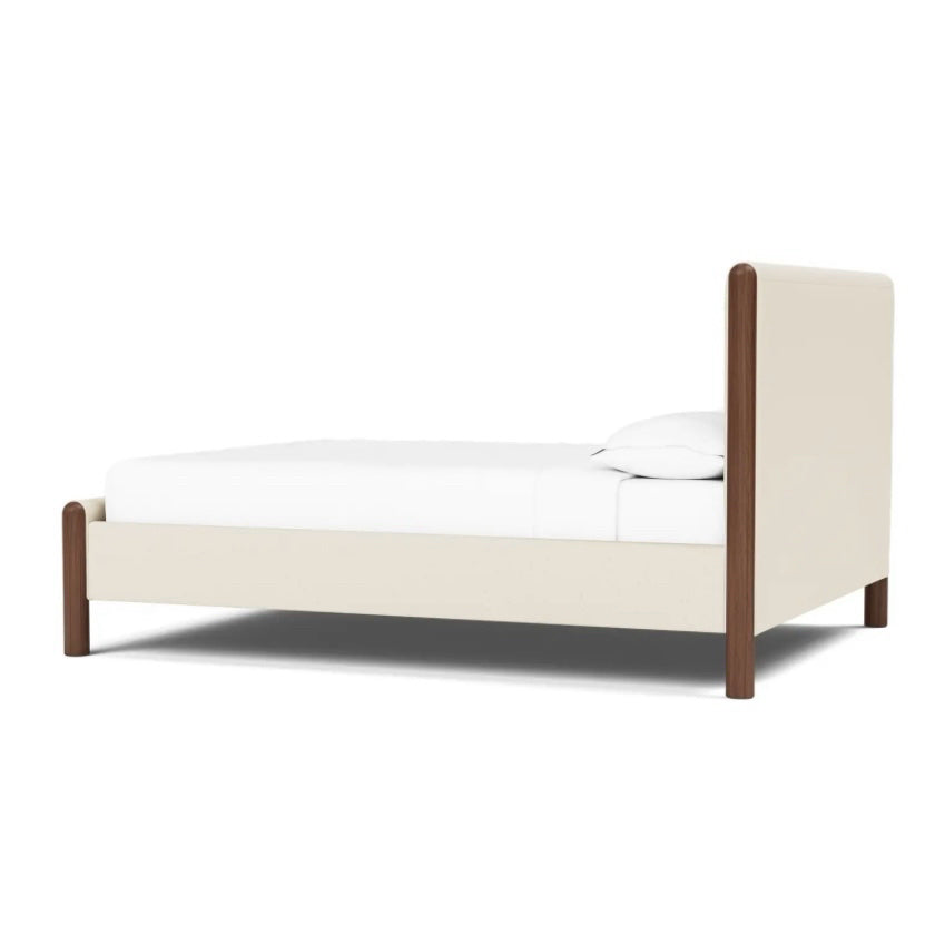Laurel King Bed w/ Low Footboard, Oat Linen & Walnut, 90.25” D x 84.5” W x 48” H