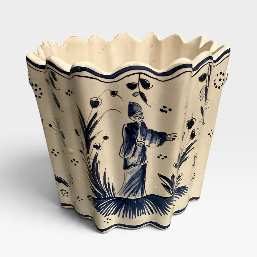 French handpainted cachepot, blue/white, 6"Dia x 5"H
