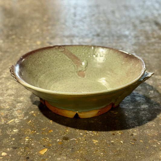Signed Studio Pottery Decorative Bowl, Light Blue & Mulberry, 14" Dia x 4" H