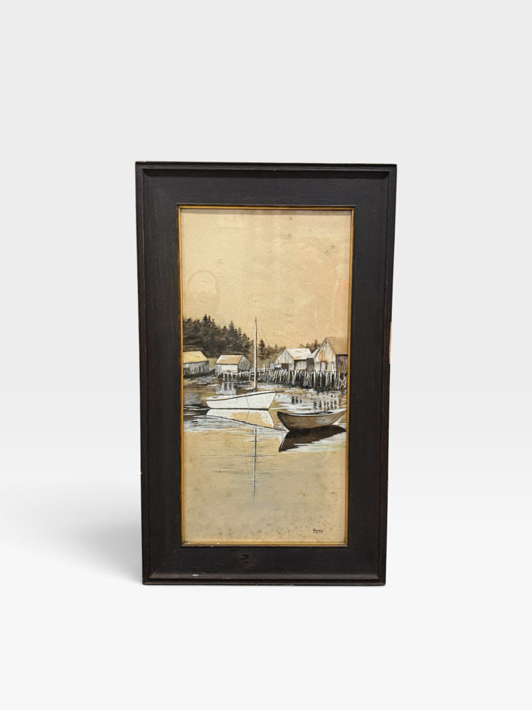 ATQ watercolor/ink, harbor scene, signed Harris, 16"W X 27"H