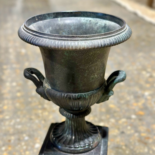 Pair of Neoclassical Pedestal Urns, Aged Cast Metal, 6" Dia x 14.25" H