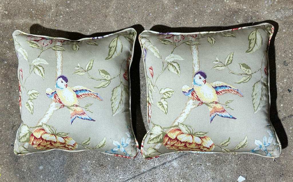 PAIR of 14" decorative pillows, bird/floral/lt. green