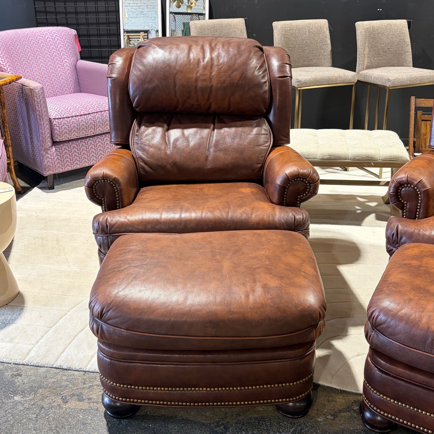 Leather MotionCraft Recliner & Ottoman w/Nailhead Trim, chair:39"H x 32"W x 38"D